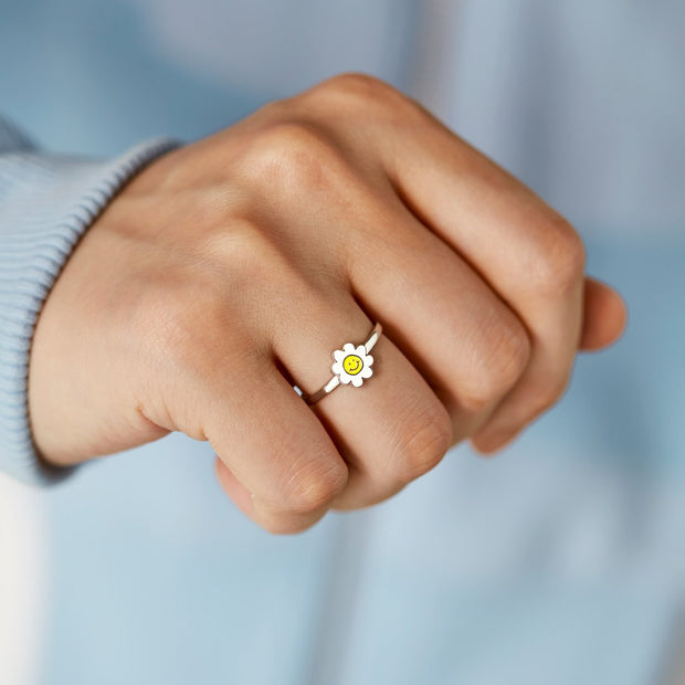 My Face When I Think of You Smiley Face White Wildflower Ring